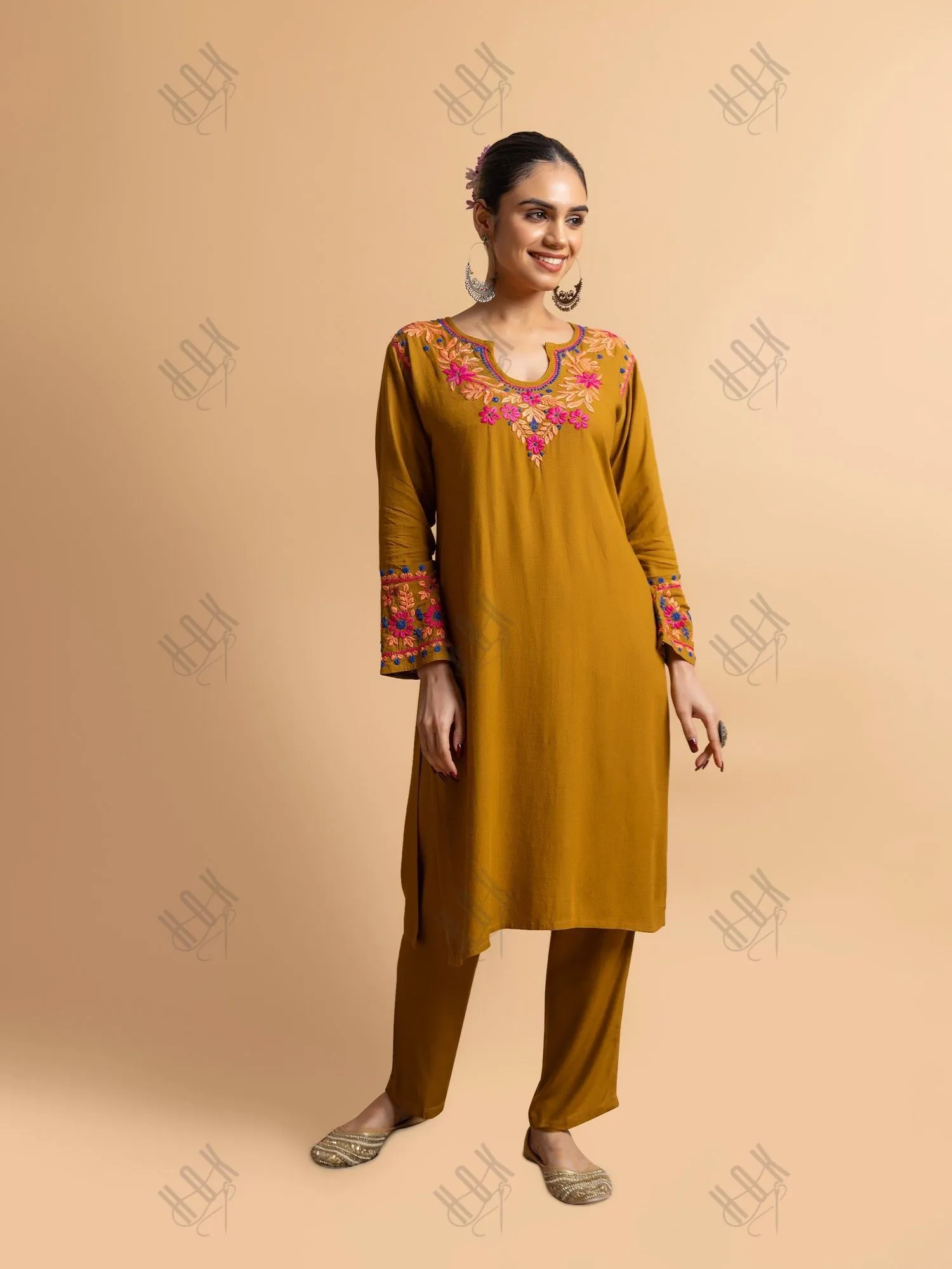 Saba Chikankari Cotton Silk Kurta Set for Women - Mustard