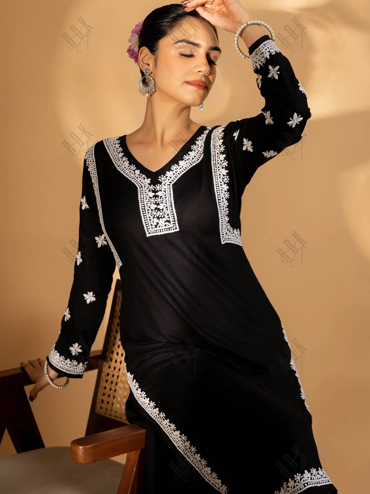 Saba Chikankari Rayon Kurta Set for Women - Black