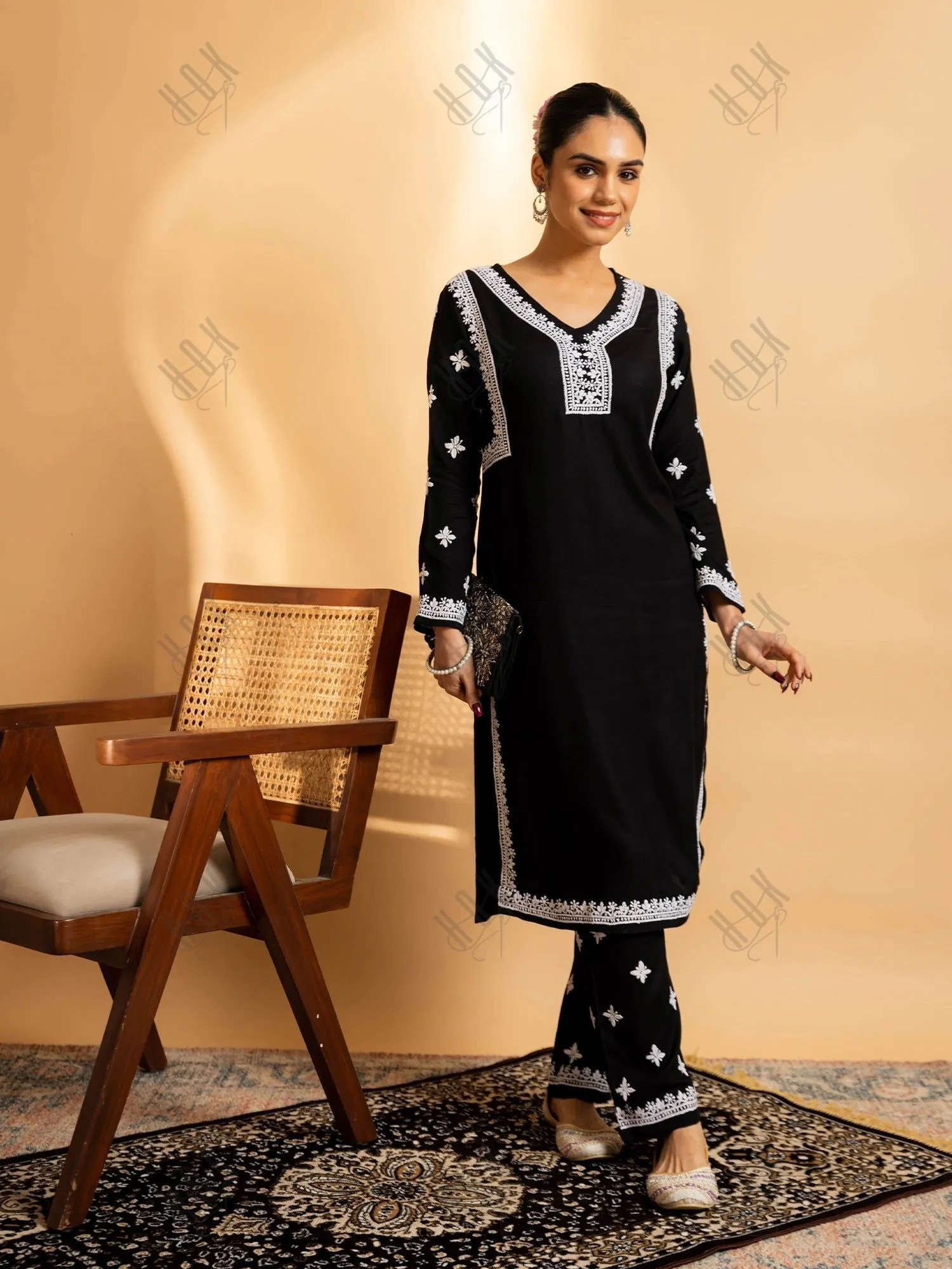 Saba Chikankari Rayon Kurta Set for Women - Black