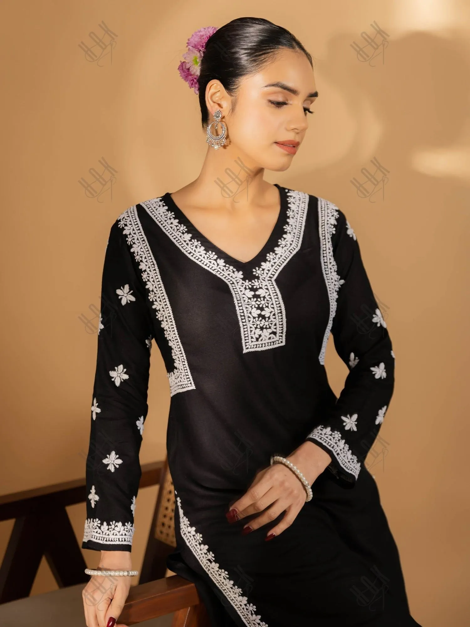 Saba Chikankari Rayon Kurta Set for Women - Black