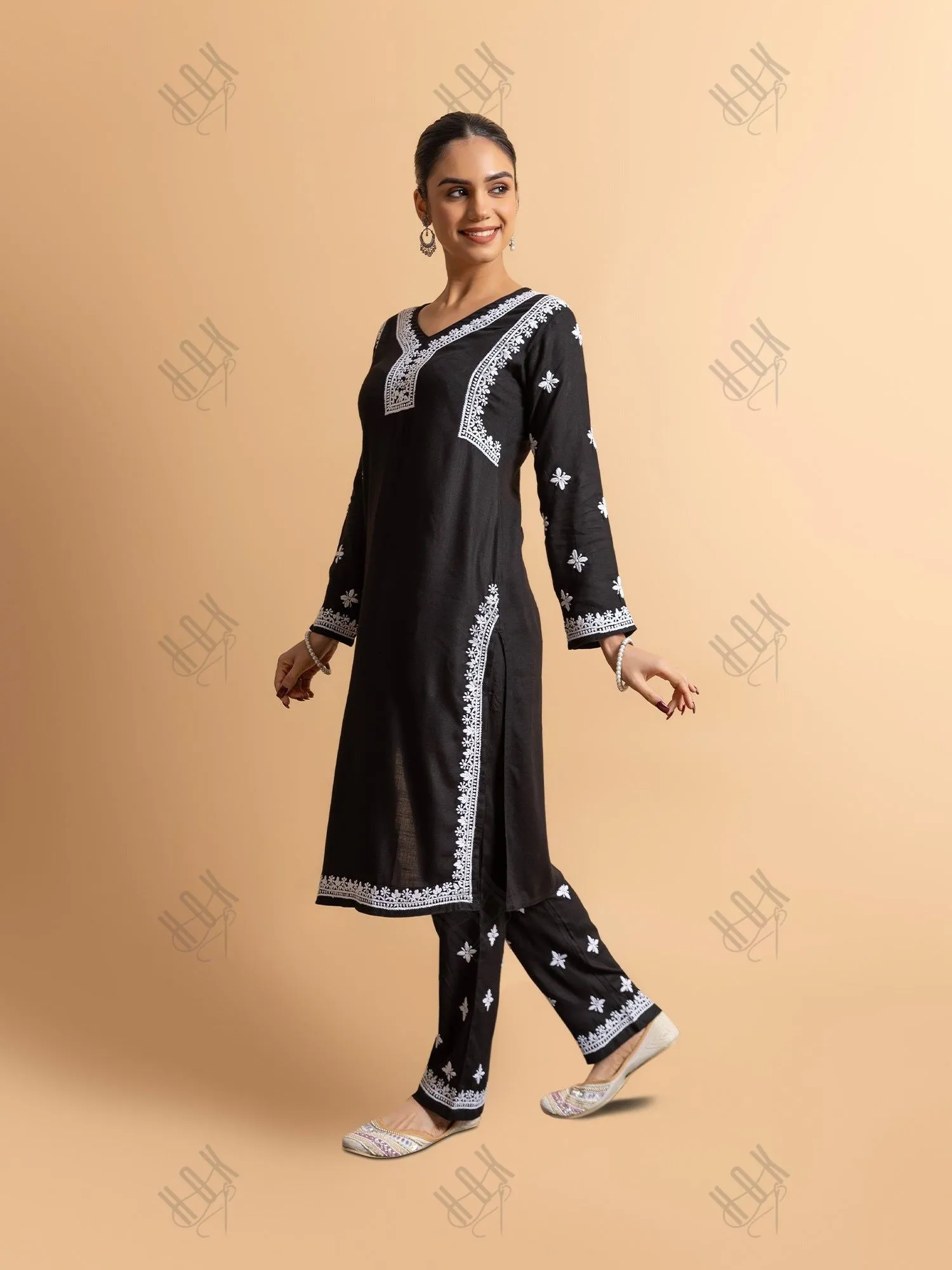 Saba Chikankari Rayon Kurta Set for Women - Black