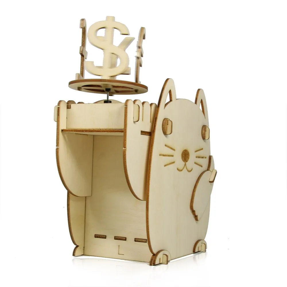 Scientific Educational DIY Solar Kits Plywood Solar Fortune Cat Piggy Bank Wooden Lucky Cat Money Box Cat DIY Kit Coin Bank