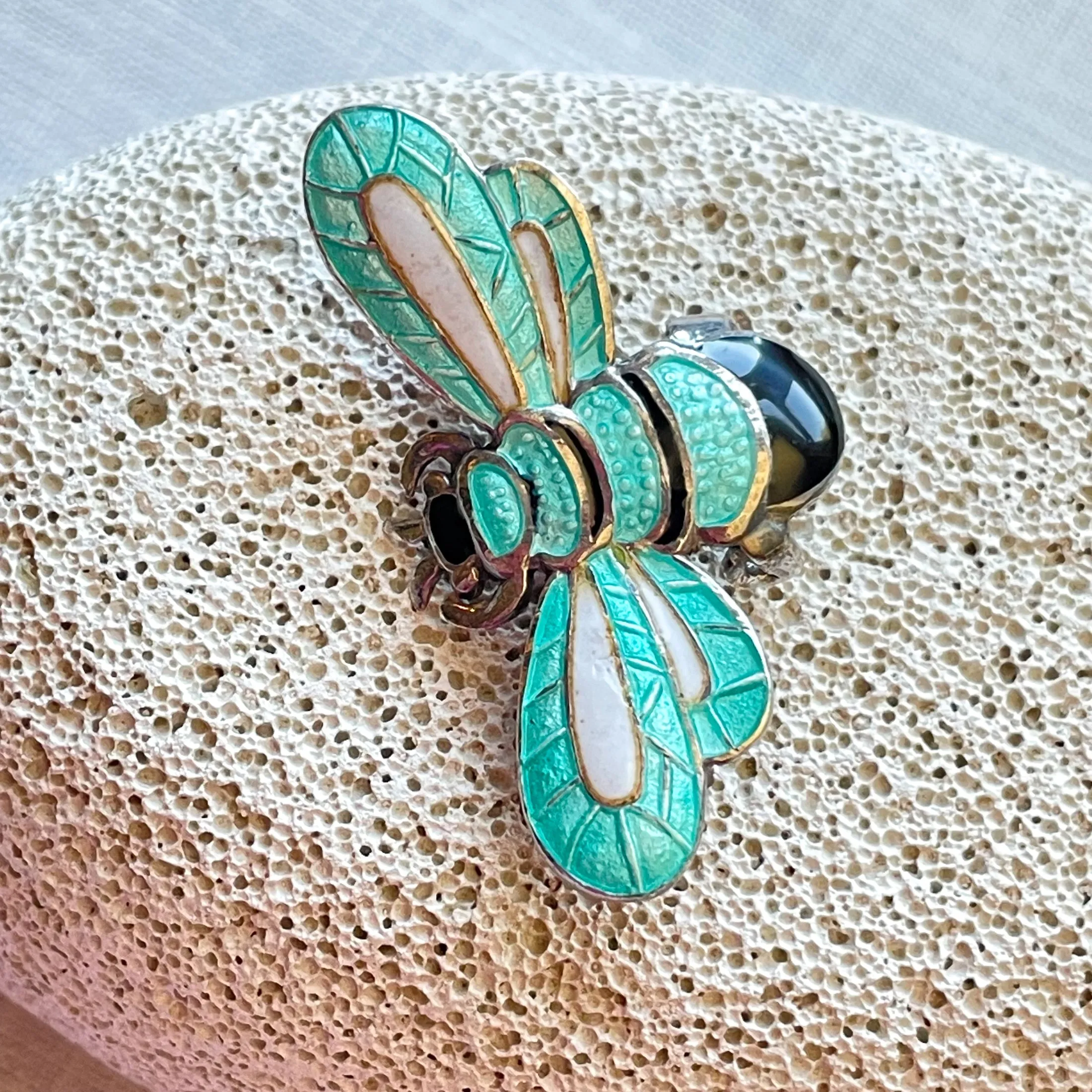 SOLD Margot De Taxco Aqua Enamel Sterling Silver Bee Brooch, #5661