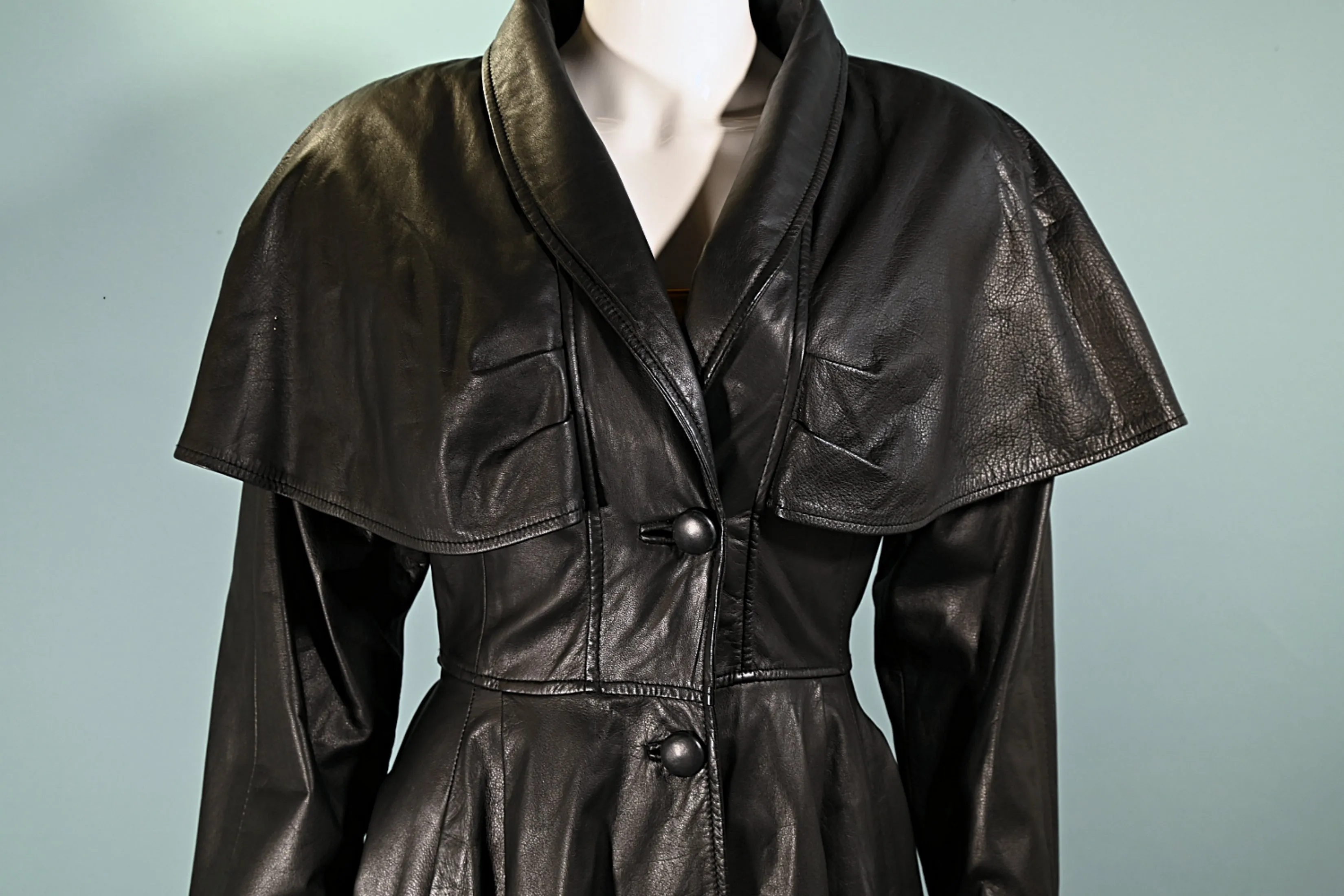 SOLD Pelle Studio Vintage Black Leather Coat with Capelet, Wasp Waist Fit & Flare S