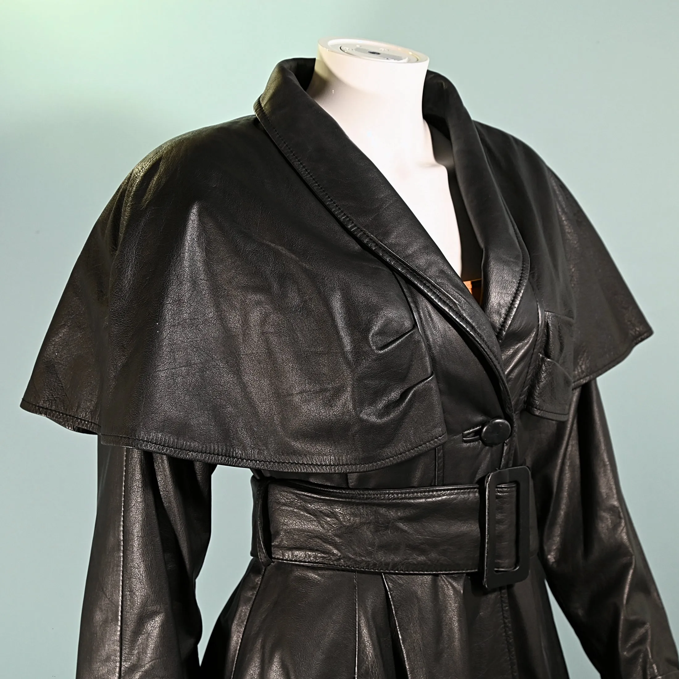 SOLD Pelle Studio Vintage Black Leather Coat with Capelet, Wasp Waist Fit & Flare S