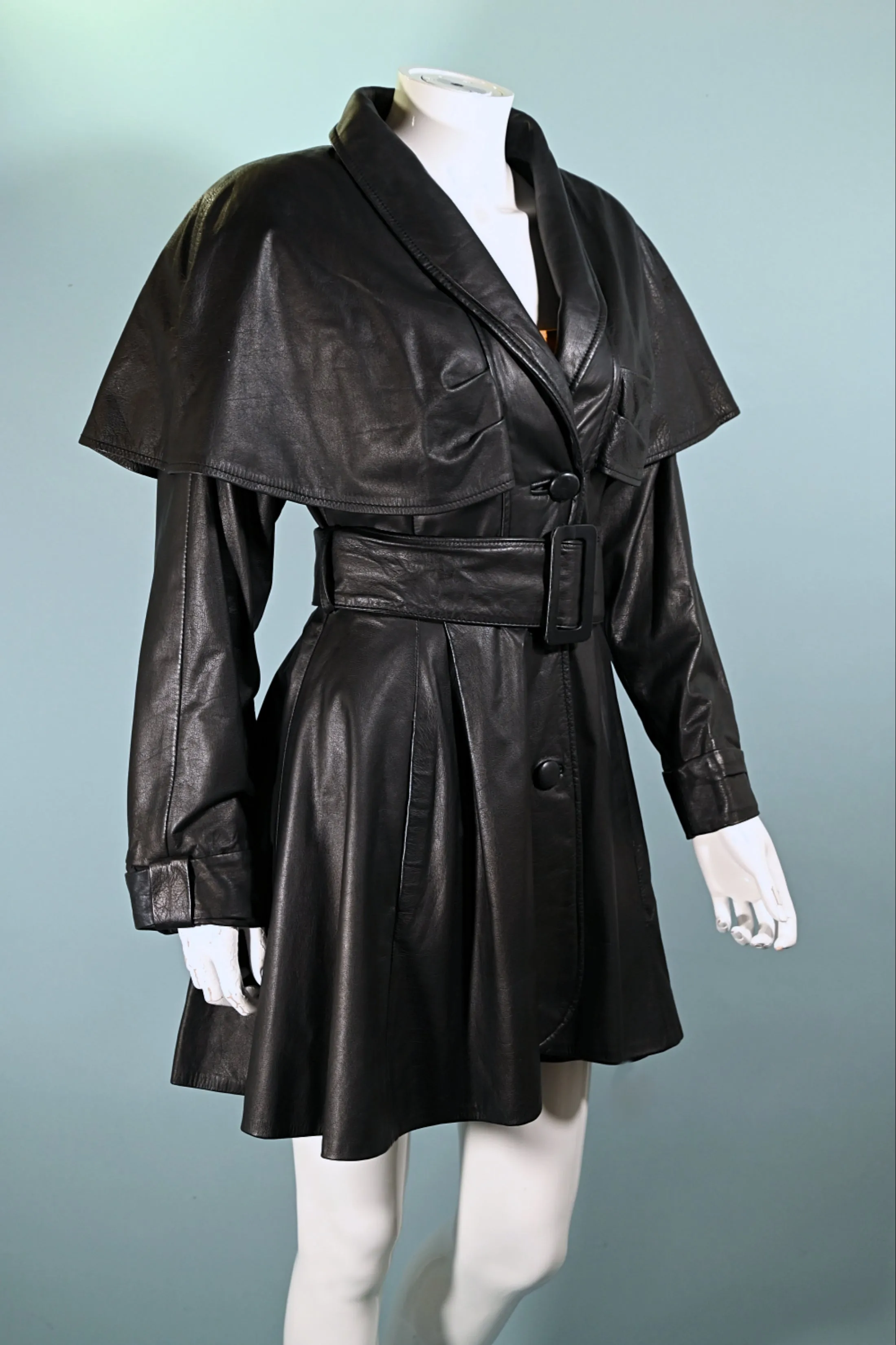 SOLD Pelle Studio Vintage Black Leather Coat with Capelet, Wasp Waist Fit & Flare S