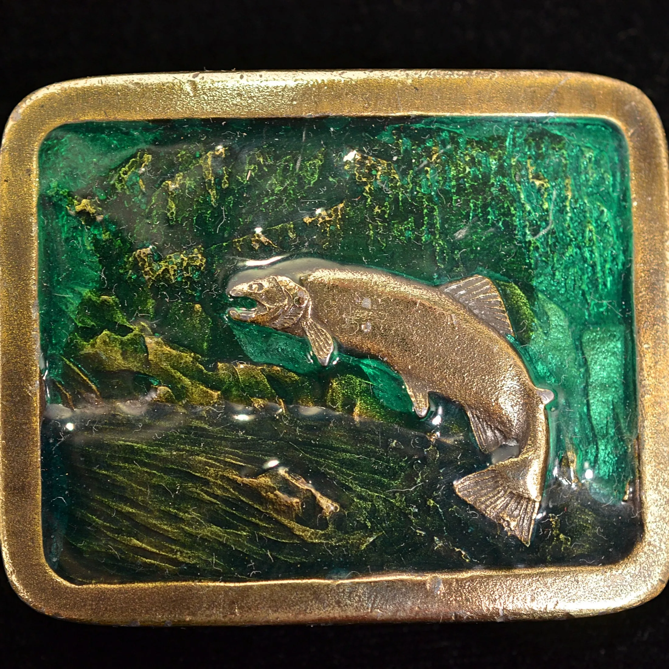 SOLD Vintage 70s Jumping Troup Brass Resin Belt Buckle, Indiana Metal Craft