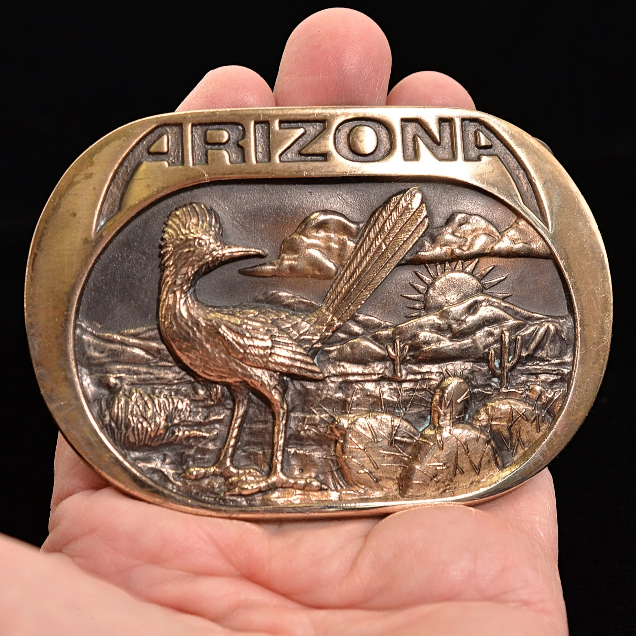 SOLD Vintage 80s Arizona Belt Buckle, Bronze Dimensional Buckle 117.2 Grams