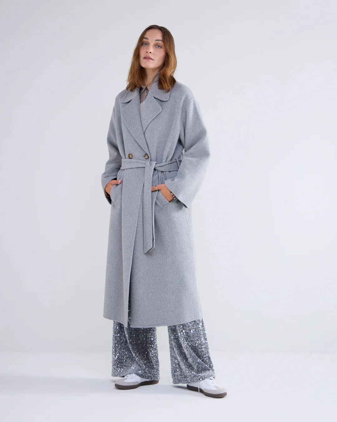 Summum Belted Wool Coat In Grey