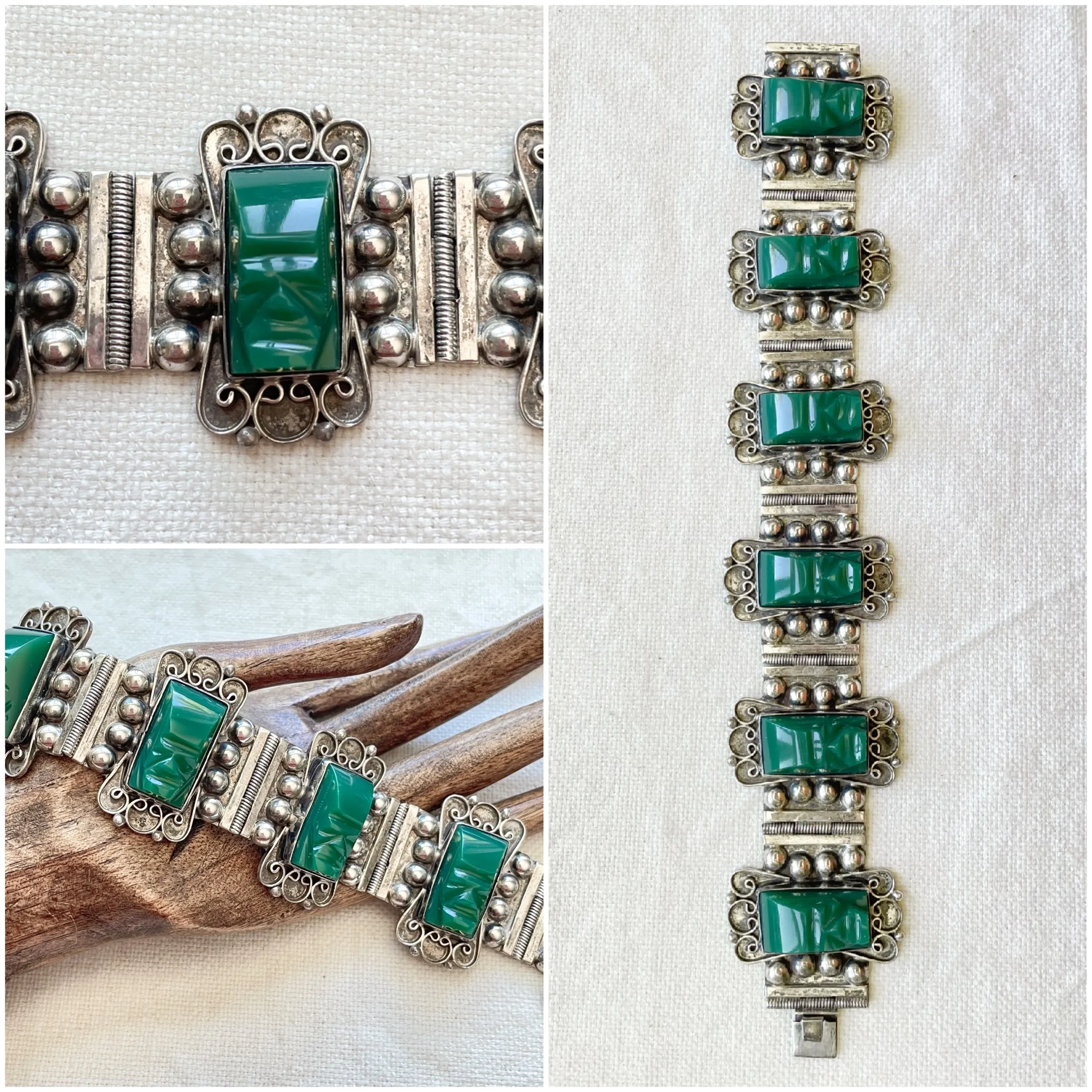 Vintage 40s Mexican Sterling Silver Bracelet Green Onyx Stone, Carved Tribal Mask 65 Grams