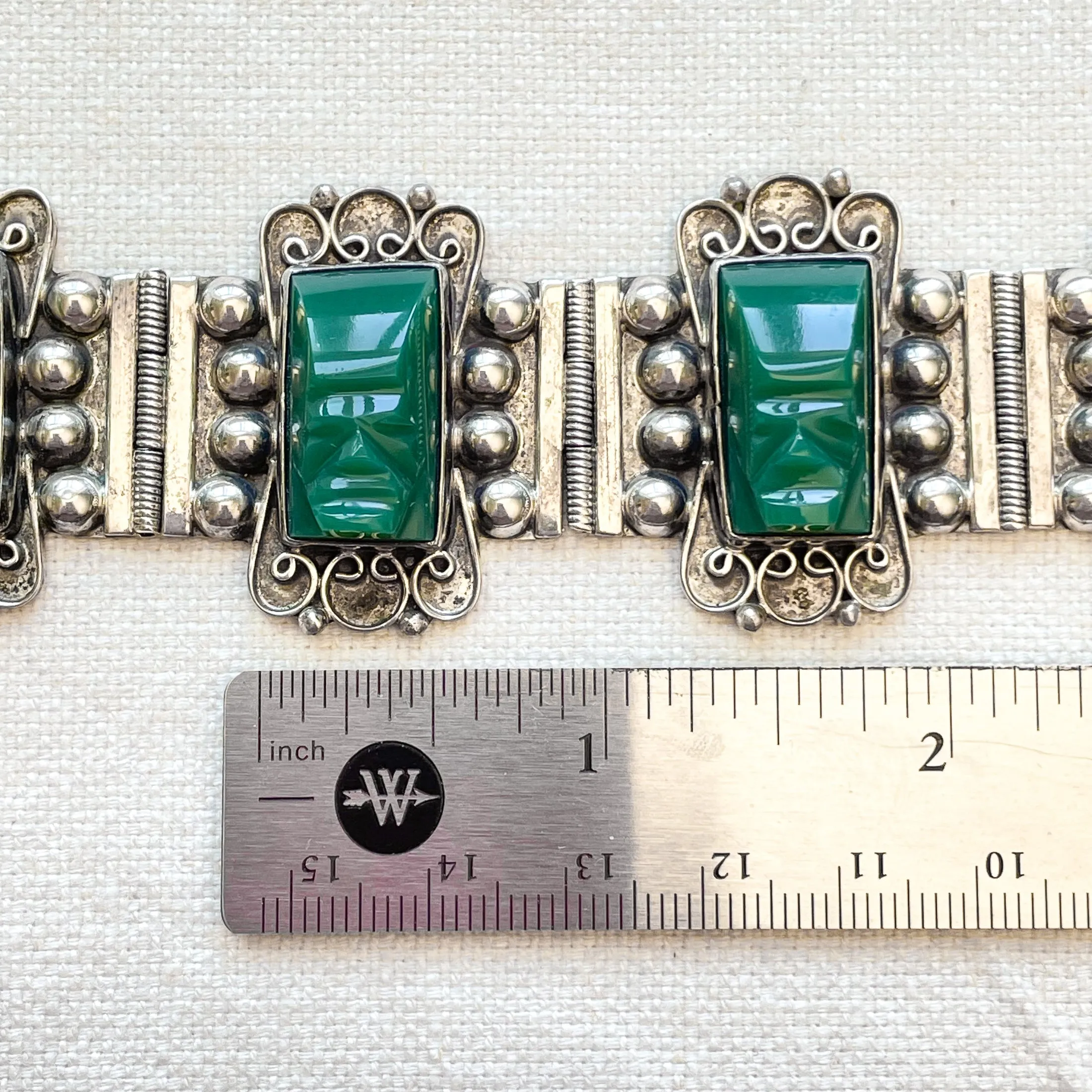 Vintage 40s Mexican Sterling Silver Bracelet Green Onyx Stone, Carved Tribal Mask 65 Grams