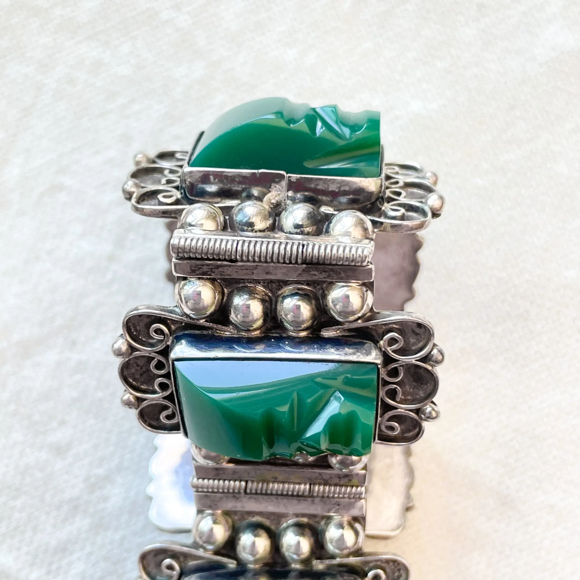 Vintage 40s Mexican Sterling Silver Bracelet Green Onyx Stone, Carved Tribal Mask 65 Grams