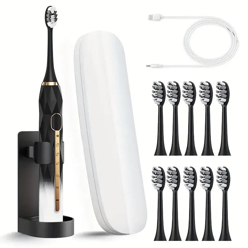 Waterproof USB Rechargeable Electric Toothbrush with 10 Replaceable Toothbrush Heads, Charger and Case