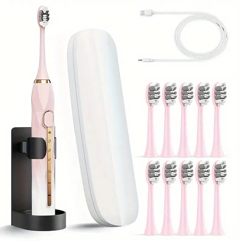 Waterproof USB Rechargeable Electric Toothbrush with 10 Replaceable Toothbrush Heads, Charger and Case