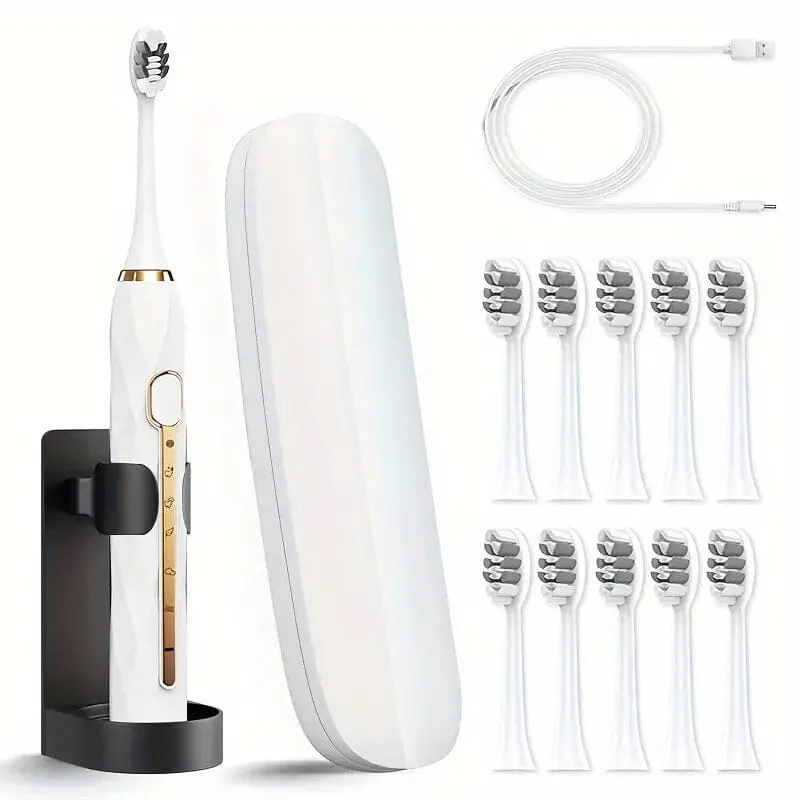 Waterproof USB Rechargeable Electric Toothbrush with 10 Replaceable Toothbrush Heads, Charger and Case