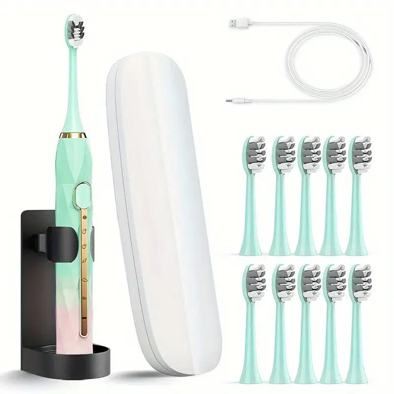 Waterproof USB Rechargeable Electric Toothbrush with 10 Replaceable Toothbrush Heads, Charger and Case