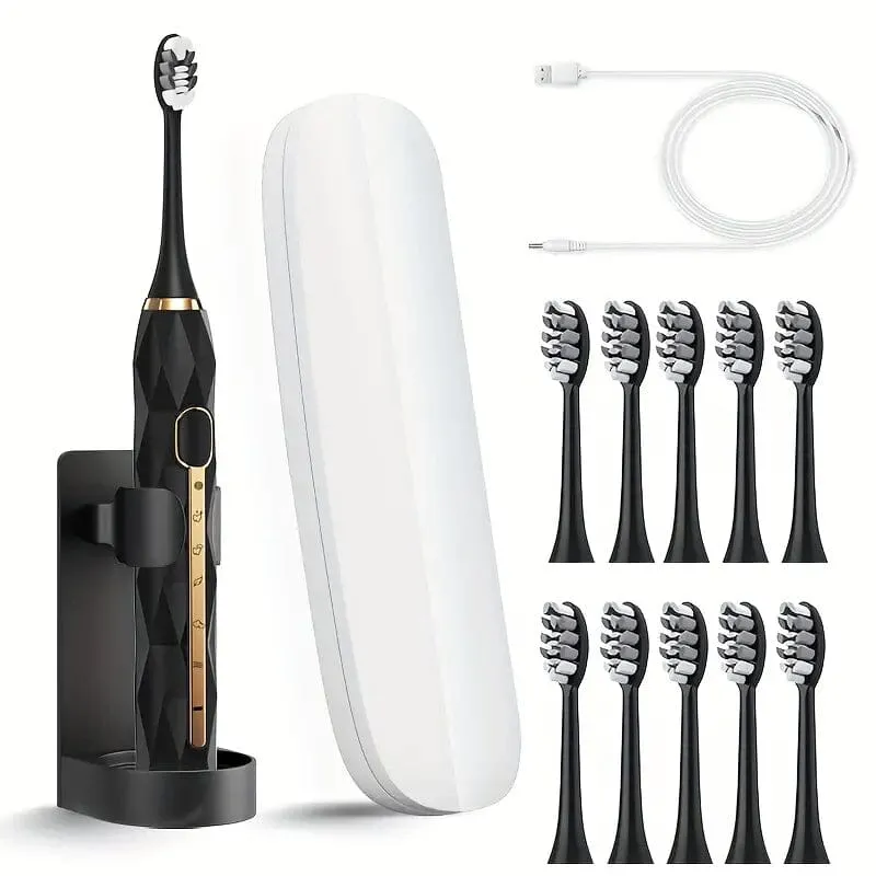 Waterproof USB Rechargeable Electric Toothbrush with 10 Replaceable Toothbrush Heads, Charger and Case